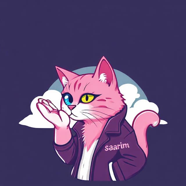 Logo featuring A pink cat with "Sarim" written on jacket , picking up eye of london in his palm