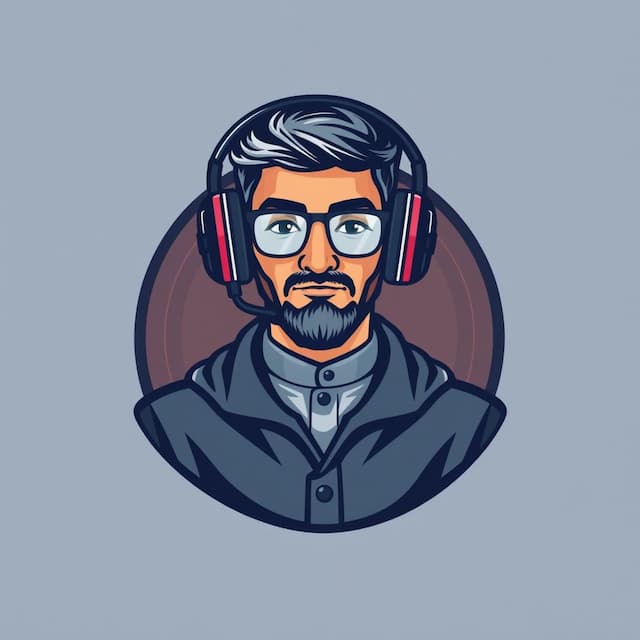 Logo featuring A Pakistani Guy with no Beard and sharp jawline and glasses in Pakistani Clothes Wearing Gaming Headphones