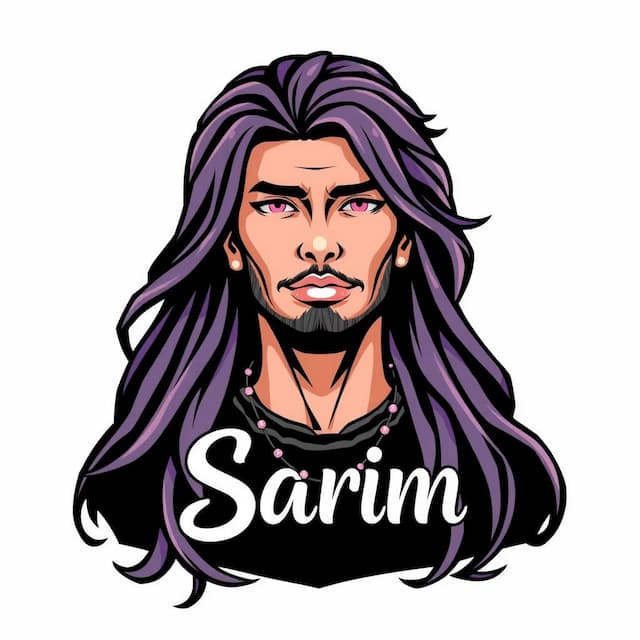 Logo featuring  A person with long hair having necklace that says "Sarim" , make the Text proper