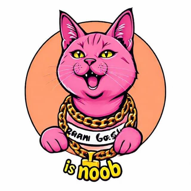 Logo featuring pink cat with golden chain around his neck that says "Ryan Gosling is noob"