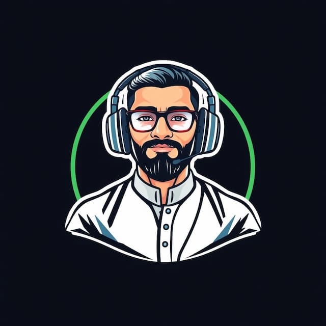Logo featuring A Pakistani Looking Guy with shaved Beard and sharp jawline and glasses in Pakistani Clothes Wearing Gaming Headphones