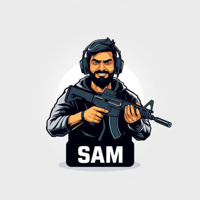 Logo featuring Indian Looking Guy Wearing Headphones and holding AK47 and having Glowing Aura Around him