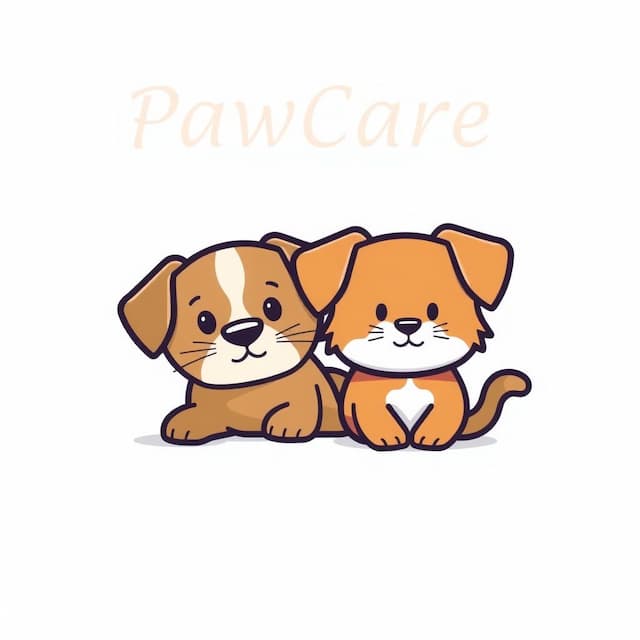 Logo featuring Brown Cute Dog and Cat with breeds name on top , "PawCare"