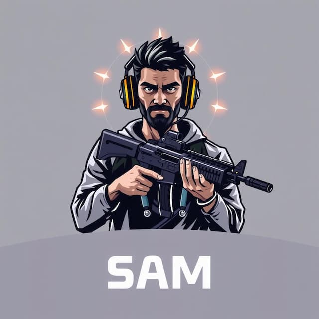 Logo featuring Indian Looking Guy Wearing Headphones and holding AK47 and having Glowing Aura Around him