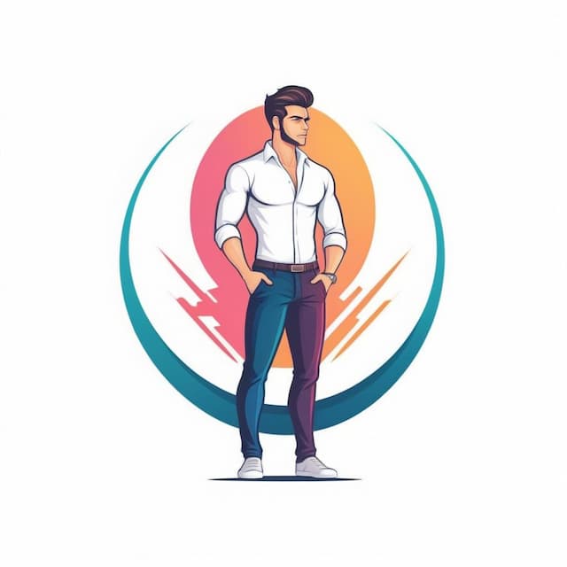 Logo featuring A guy wearing tight pants and white shirt with name shajar on it standing showing stress