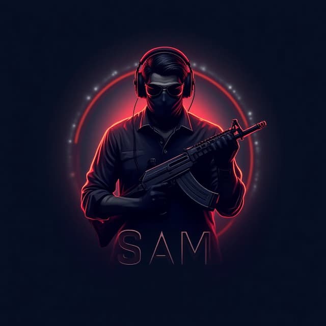 Logo featuring Indian Looking Guy Wearing Headphones and holding AK47 and having Glowing Aura Around him