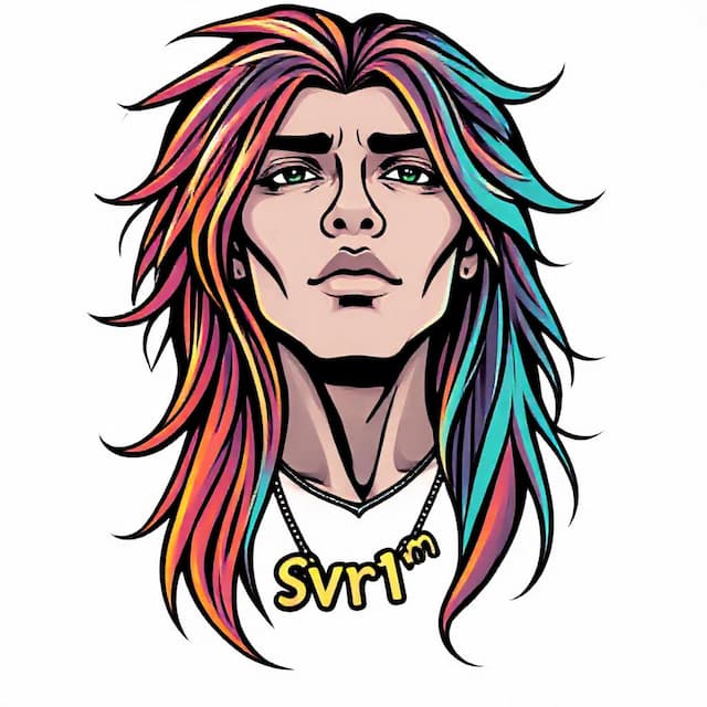 Logo featuring A person with long hair having necklace that says "SVr1m"
