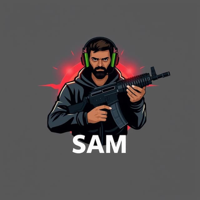Logo featuring Indian Looking Guy Wearing Headphones and holding AK47 and having Glowing Aura Around him