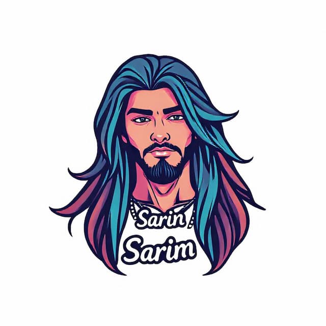 Logo featuring A person with long hair having necklace that says "Sarim" , make the Text proper