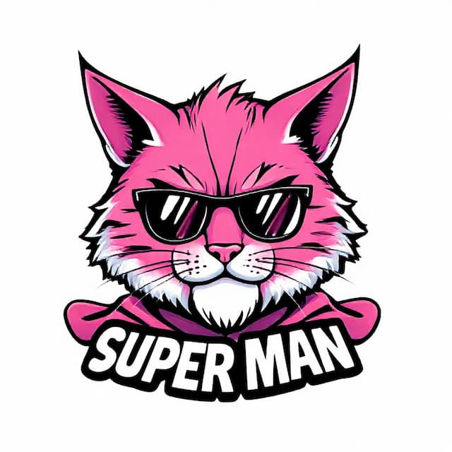 Logo featuring Cool Pink Cat that Says "Super Man"